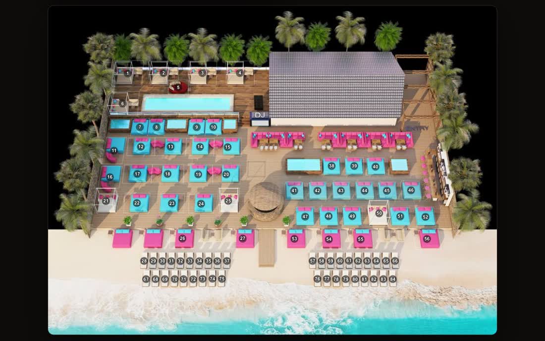 Beach club map with 84 numbered beds, built for a Marbella nightlife concierge