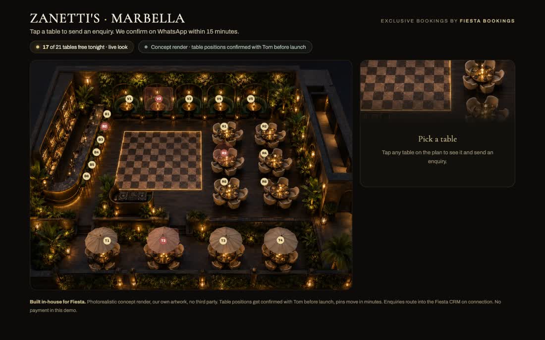 Interactive restaurant floor plan connected to an enquiry journey