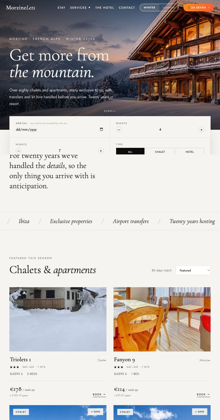 Alpine chalet booking platform, live availability search